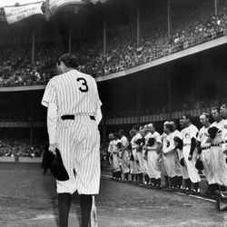Home run king Babe Ruth, wearing his famed number 3 uniform, bows as he acknowledges the cheers of thousands of fans who saw the No. 3 retired permanently by the Yankees during the June 13, 1948 observance of the 25th anniversary of the opening of Yankee Stadium in New York.