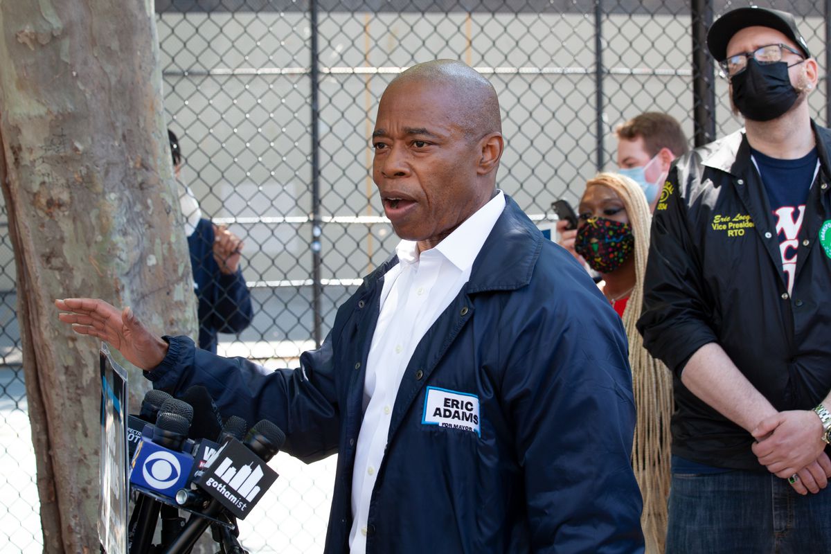 Mayoral candidate Eric Adams speaks outside the West 4th Street station in Manhattan about subway safety, May 18, 2021.