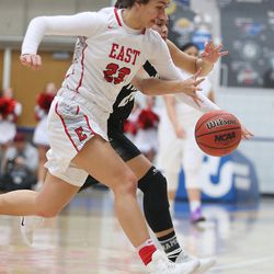 East and Highland play during the 5A high school girls semifinal game in Salt Lake City on Friday, Feb. 23, 2018.