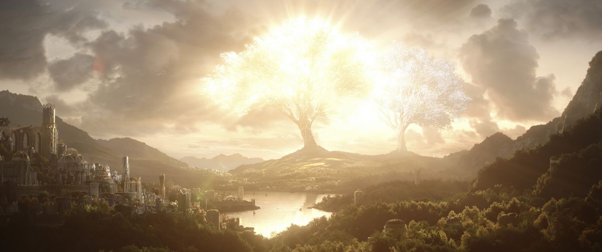 A vista overlooking the Elven paradise of Valinor, a fantasy city rimmed by a river and lit by the brilliant light of two radiant trees.