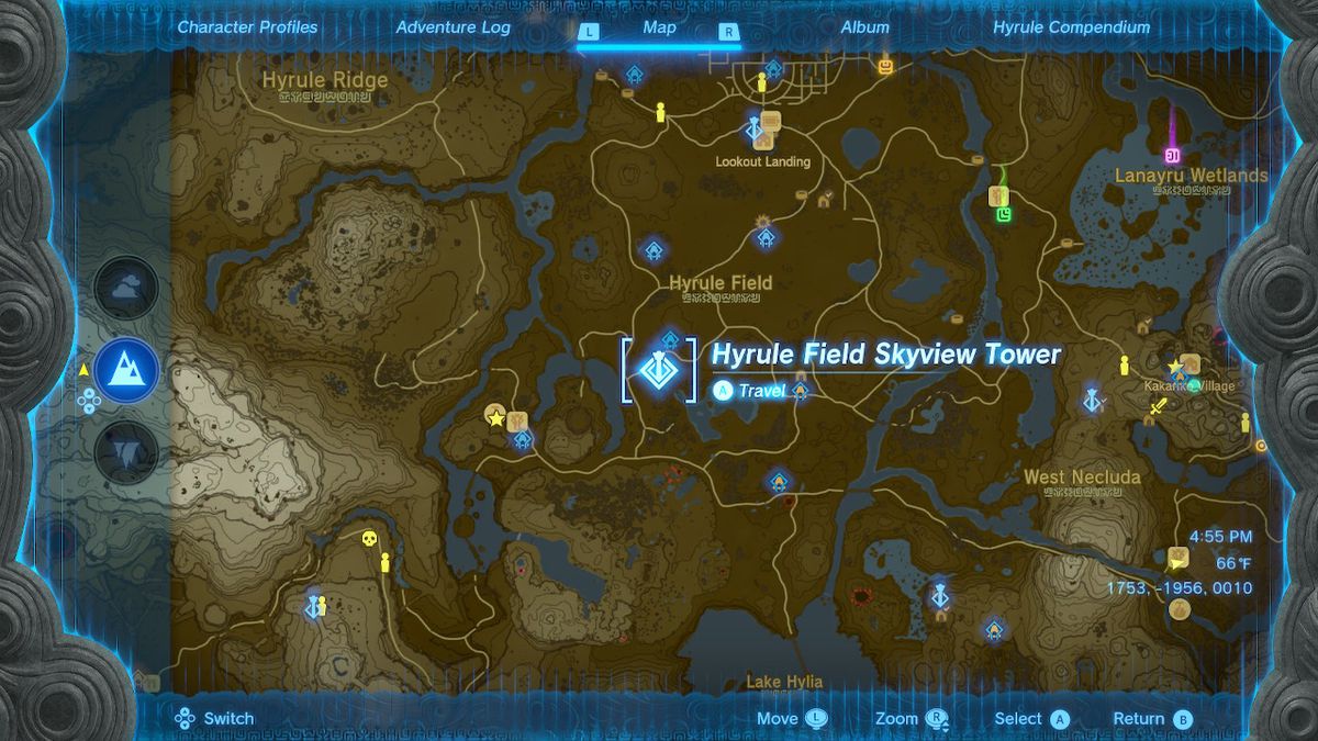 A location screen of the Hyrule Field Skyview Tower in Zelda: Tears of the Kingdom