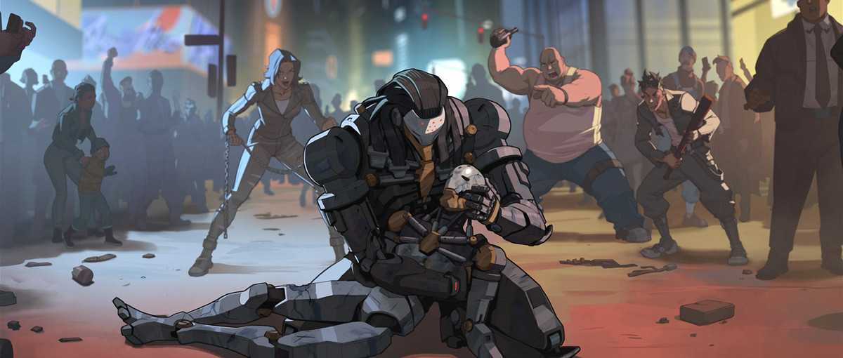 Overwatch 2 - Ramattra, a humanoid omnic with heavy cords running out the back of his head like hair, cradles another dead human omnic in his arms as humans yell and jeer at the scene.