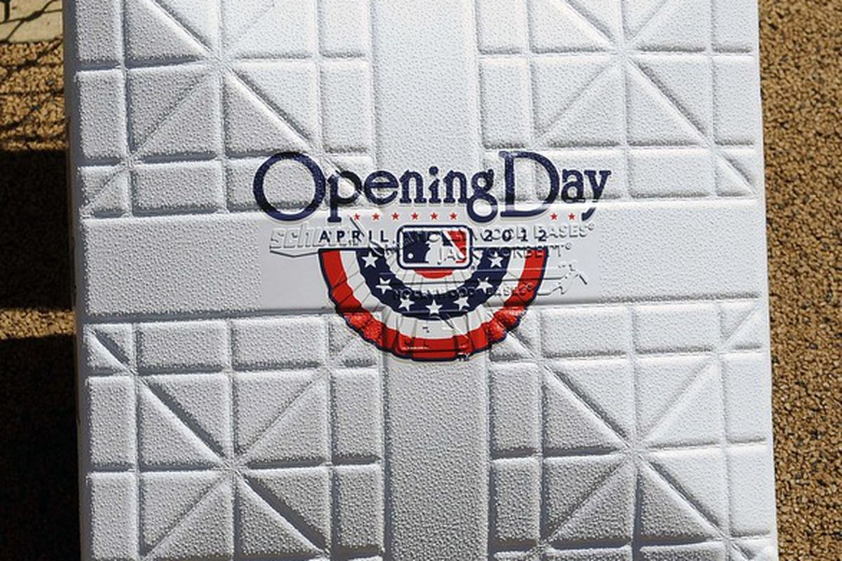 April 6, 2012; Baltimore, MD, USA; General view of a base with the opening day logo before a game between the Minnesota Twins and Baltimore Orioles at Oriole Park at Camden Yards. Mandatory Credit: Joy R. Absalon-US PRESSWIRE