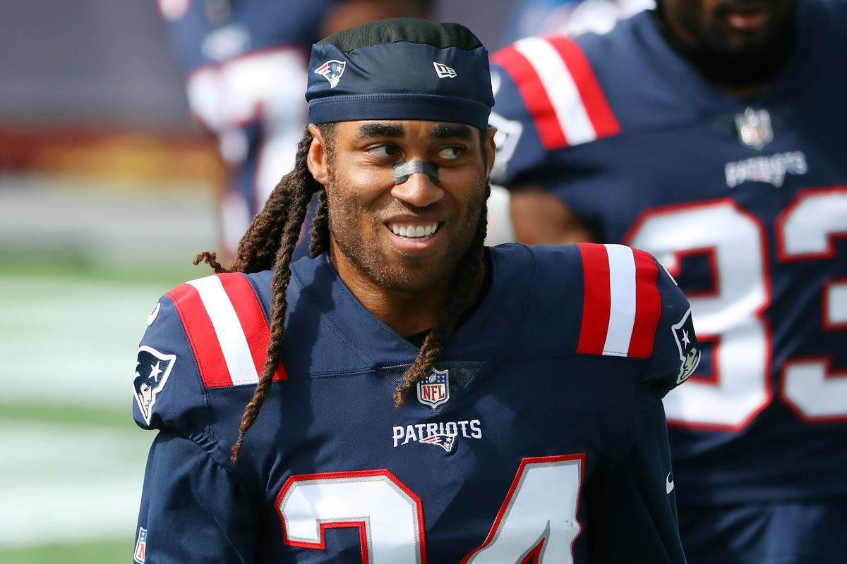 Stephon Gilmore #24 of the New England Patriots reacts before the game against the Las Vegas Raiders at Gillette Stadium on September 27, 2020 in Foxborough, Massachusetts.