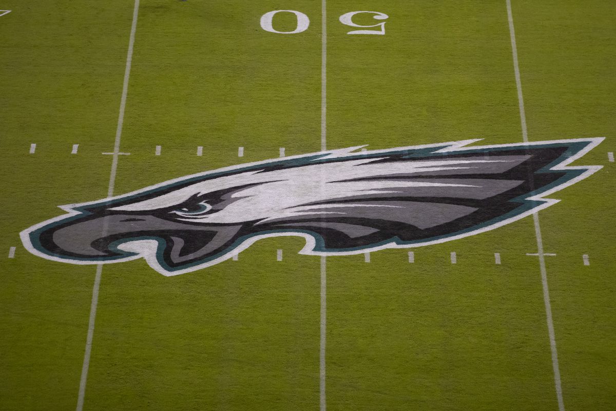 A detailed view of the Philadelphia Eagles logo at midfield prior to the game against the Dallas Cowboys at Lincoln Financial Field on November 1, 2020 in Philadelphia, Pennsylvania.