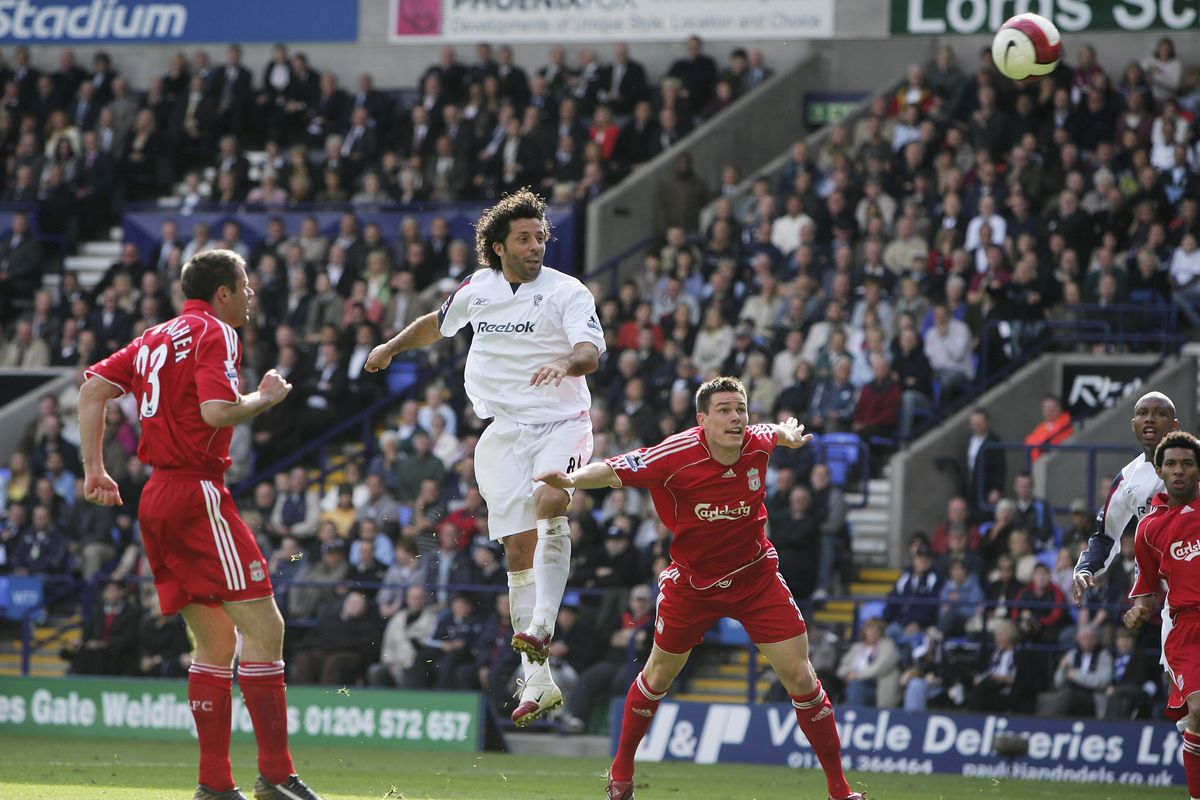 Ivan Campo heads home Bolton's second in a 2-0 win over Liverpool in 2006.