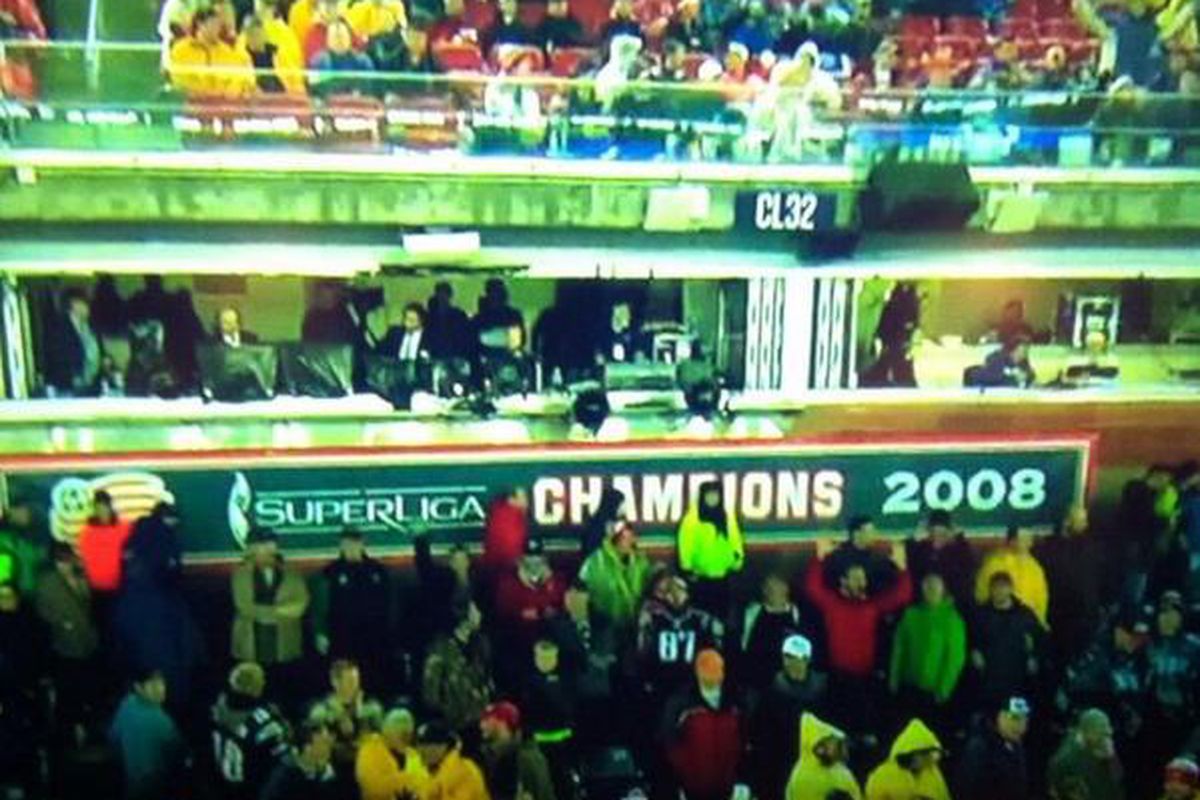 An iPhone picture of the Revolution's 2008 SuperLiga Championship banner in Gillette Stadium during the Colts-Patriots NFL Playoff game on Jan. 11, 2014