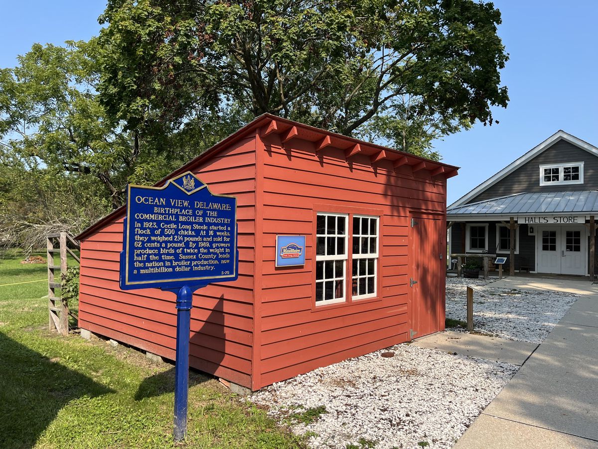 A red 256-square foot barn with a plaque on the side that tells Cecile Steele’s story.