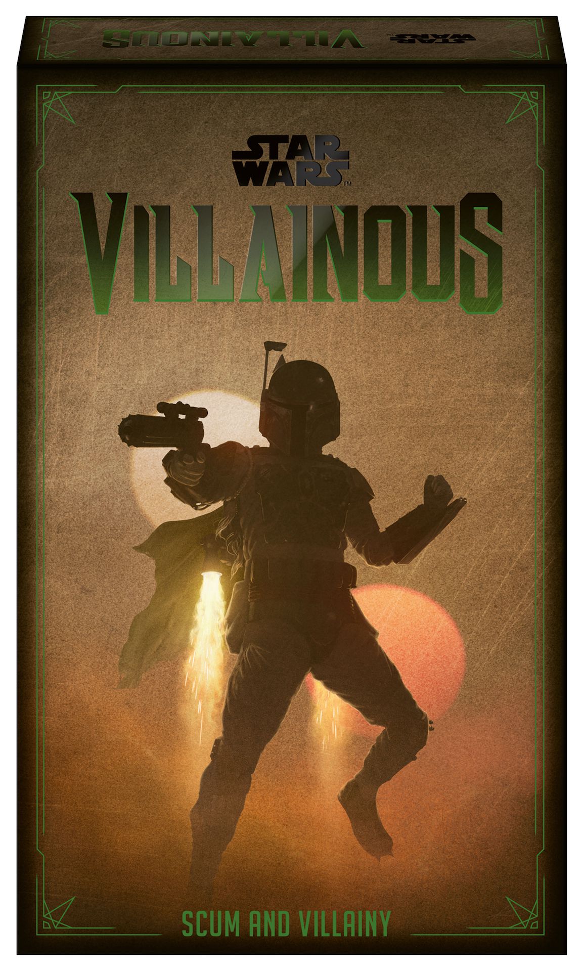 A silhouette of Boba Fett in flight, pointing his laser carbine, from an early render of the Star Wars Villainous: Scum and Villainy box. The text is green, and the twin suns of Tatooine make up the background.