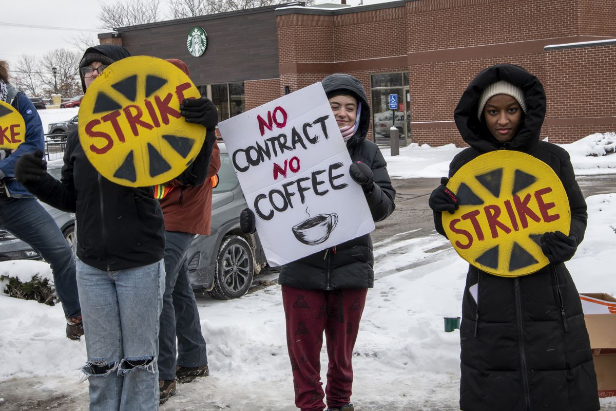 St. Anthony, Minnesota, Starbucks workers across the country strike to protest unfair labor practices and union busting going on at the company. Workers complain they are closing stores and short-staffing.