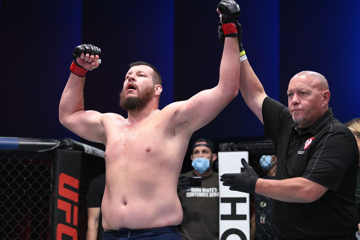 Josh Parisian reacts after his victory over Chad Johnson in a heavyweight bout during week three of Dana White’s Contender Series Season 4 at UFC APEX on August 18, 2020 in Las Vegas, Nevada.