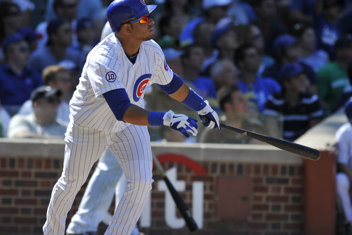 Aramis Ramirez of the Chicago Cubs hits a two-run home run in the seventh inning against the Washington Nationals on August 11, 2011 at Wrigley Field in Chicago, Illinois. (Photo by David Banks/Getty Images) 