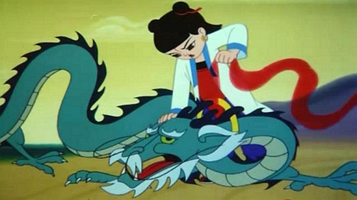A young person wearing a white robe puts their hand on a dragon’s head while standing over it in a drawn image from Nezha Conquers the Dragon King.