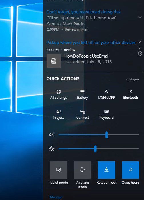 Action Center Windows 10 update