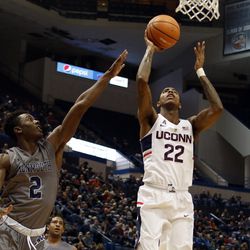 UConn's Terry Larrier (22) during the Monmouth Hawks vs UConn Huskies men's college basketball game at the XL Center in Hartford, CT on December 2, 2017.