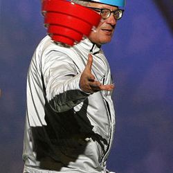 Mark Mothersbaugh of Devo performs at the medal ceremony on day 11 of the Vancouver 2010 Winter Olympics at Whistler Medals Plaza on Monday.