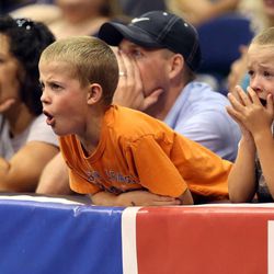 Utah Blaze fans cheer during a football game between the Utah Blaze and the San Jose SaberCats at EnergySolutions Arena in Salt Lake City on Saturday, June 29, 2013.