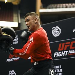 Dustin Poirier smashing the mitts at the UFC on FOX 29 open workouts Wednesday inside Gila Rivera Arena in Glendale, Ariz.