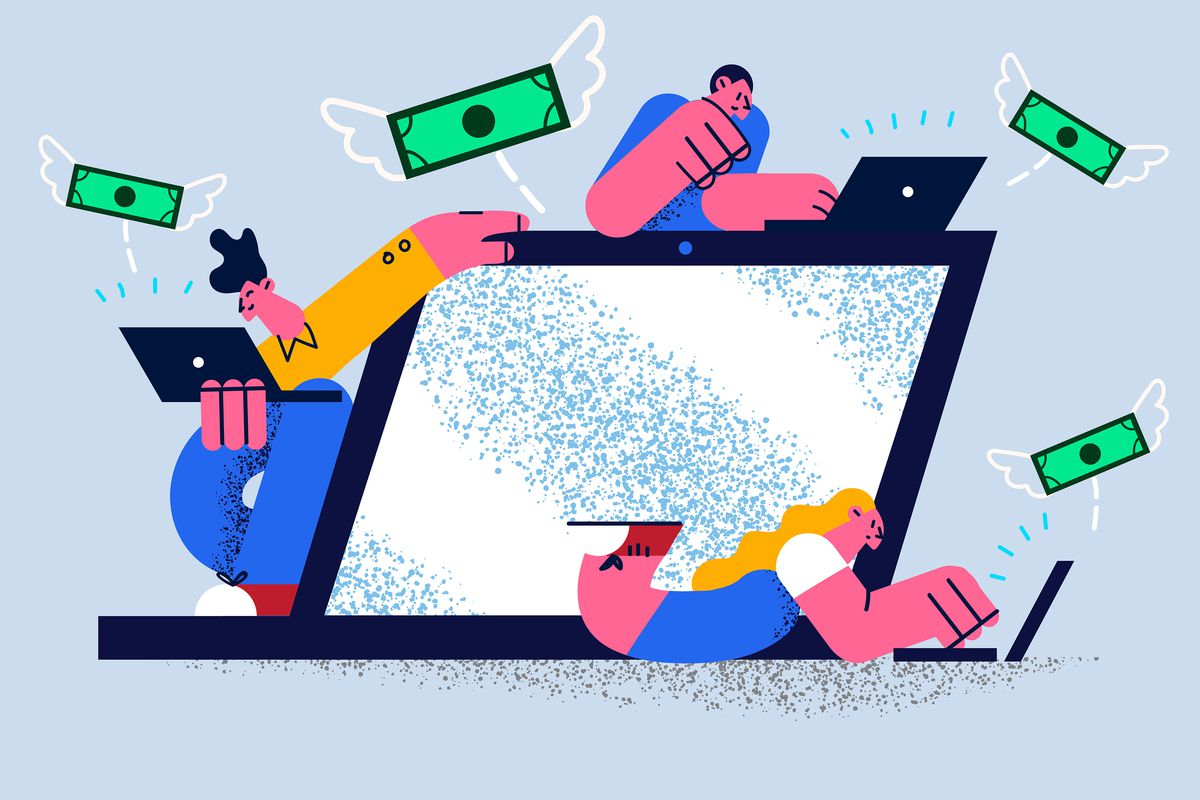 Cartoon drawing of people on laptops with dollar bills flying away on wings.
