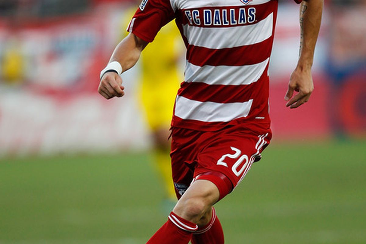 FRISCO, TX - JULY 02:  Brek Shea #20 of the FC Dallas moves the ball against the Columbus Crew at Pizza Hut Park on July 2, 2011 in Frisco, Texas. FC Dallas beat the Columbus Crew 2-0.  (Photo by Tom Pennington/Getty Images)