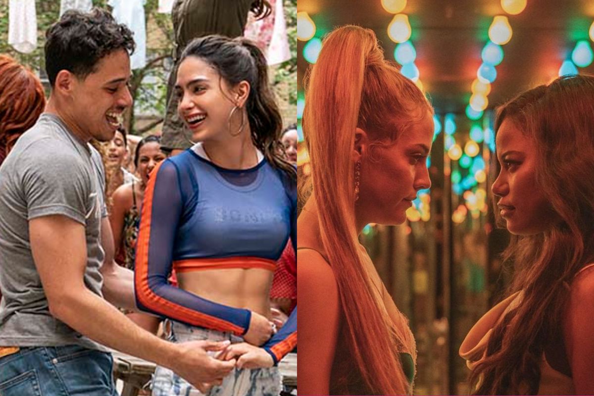 Two images, one from In the Heights and one from Zola. Both are brightly colored pictures of scenes from the movie in which two people look at one another.