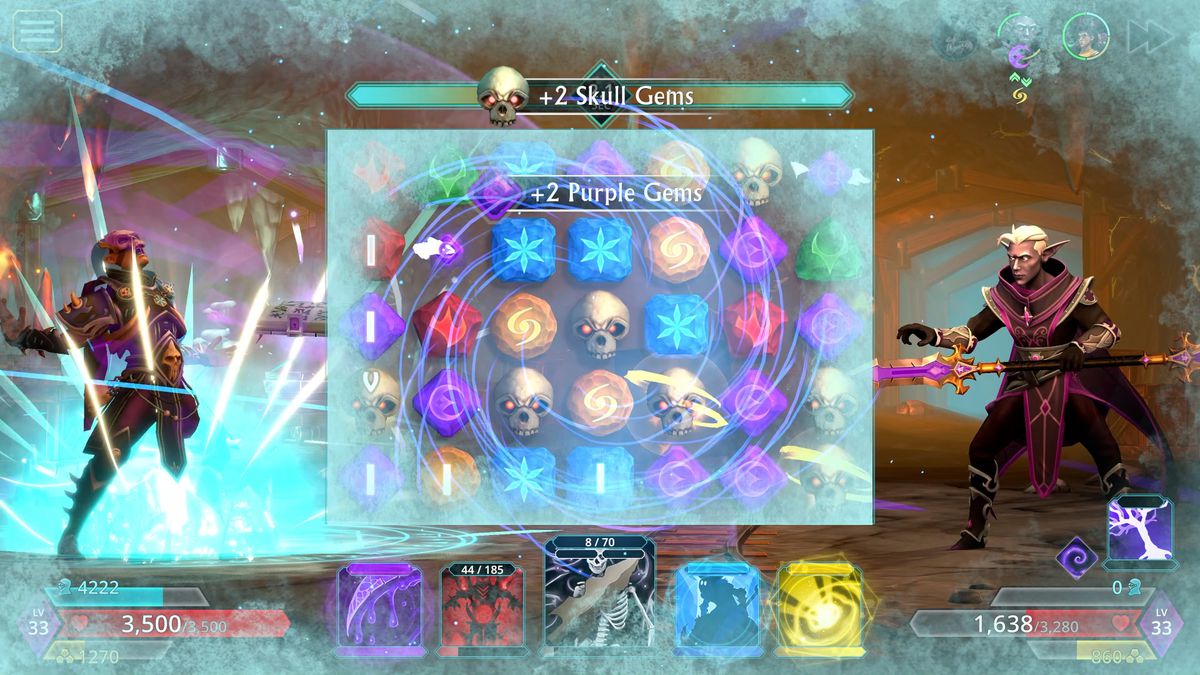 A character unleashes an ice spell across a puzzle board of colored gems