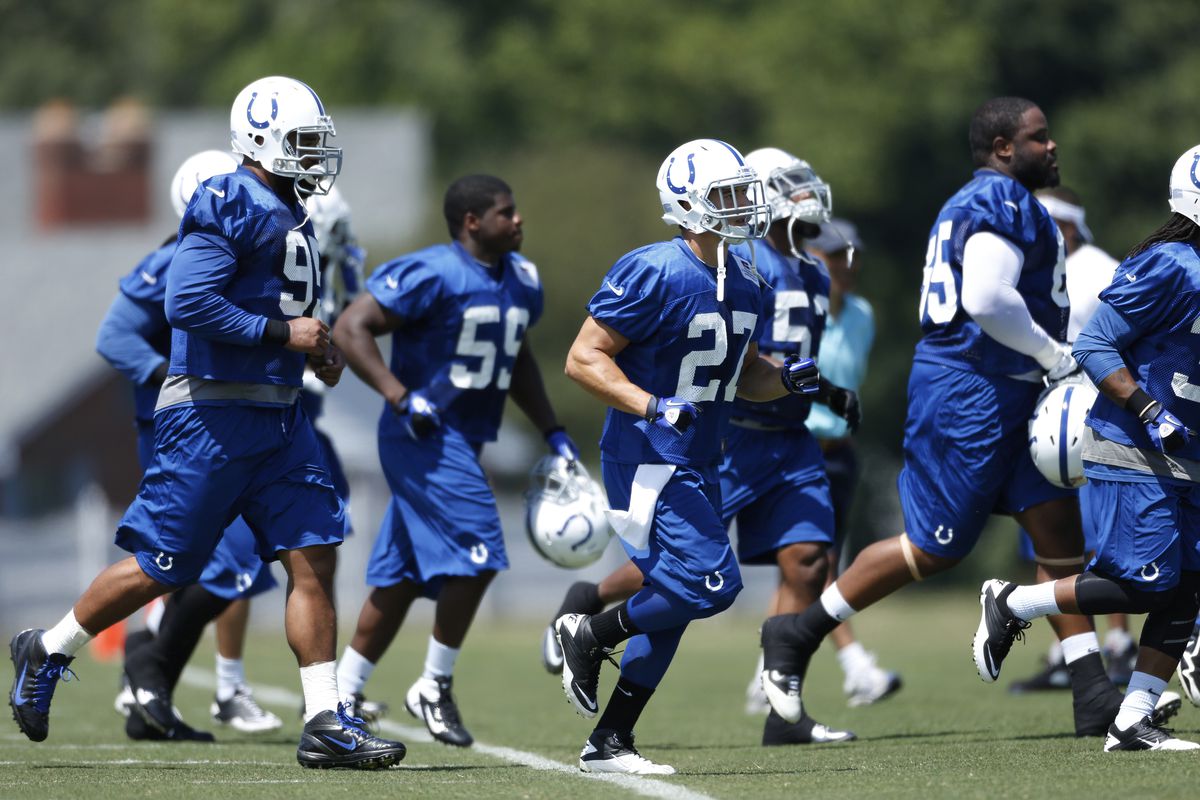 ANDERSON, IN - JULY 29: Indianapolis Colts players take the field during training camp at Anderson University on July 29, 2012 in Anderson, Indiana. (Photo by Joe Robbins/Getty Images)
