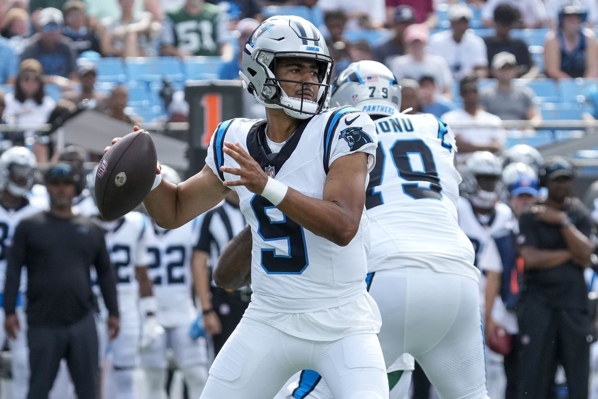 Carolina Panthers quarterback Bryce Young (9) passes during the first quarter against the New York Jets at Bank of America Stadium.