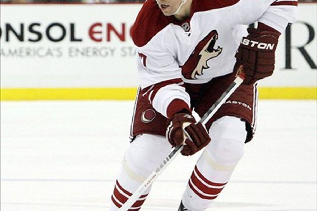 March 5, 2012; Pittsburgh,PA, USA: Phoenix Coyotes right wing Radim Vrbata (17) brings the puck up ice against the Pittsburgh Penguins during the first period at the CONSOL Energy Center. Mandatory Credit: Charles LeClaire-USPRESSWIRE