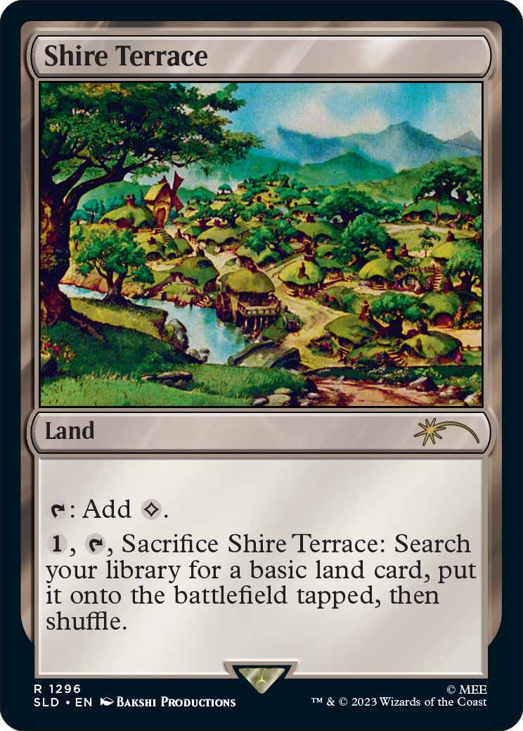 Shire Terrace is a land card that, when sacrificed, allows additional land to be played to the battlefield tapped.