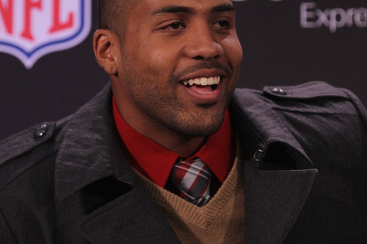 DALLAS TX - FEBRUARY 02:  Arian Foster of the Houston Texans speaks with the press at the FedEx Air & Ground NFL Player of the Year awards at the Super Bowl XLV media center on February 2 2011 in Dallas Texas.  (Photo by Ronald Martinez/Getty Images)