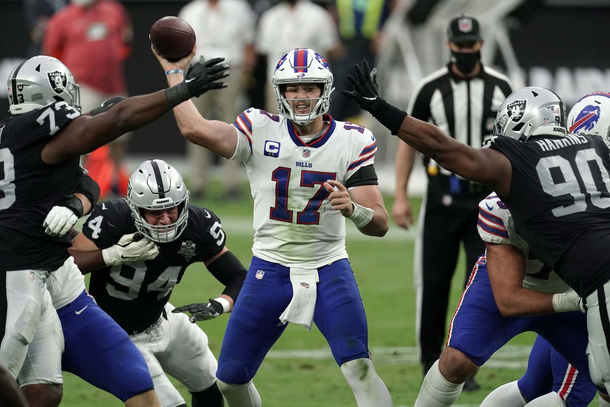 Buffalo Bills quarterback Josh Allen throws the ball in the fourth quarter against the Las Vegas Raiders at Allegiant Stadium. The Bills defeated the Raiders 30-23.&nbsp;