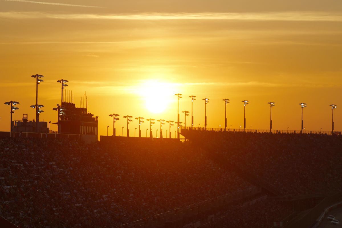 A general view of the grandstand as the sun sets during the NASCAR Cup Series Cook Out Southern 500 at Darlington Raceway on September 05, 2021 in Darlington, South Carolina.