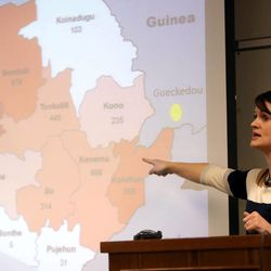 Dr. Angela Dunn, a CDC epidemic intelligence service officer, talks about her experience responding to the Ebola epidemic in Sierra Leone at the Utah Department of Health in Salt Lake City on Thursday, Feb. 12, 2015. 