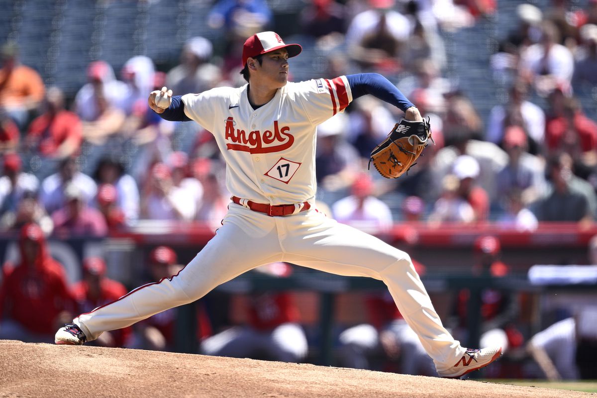 Los Angeles Angels starting pitcher Shohei Ohtani throws a pitch against the Cincinnati Reds during the first inning at Angel Stadium.