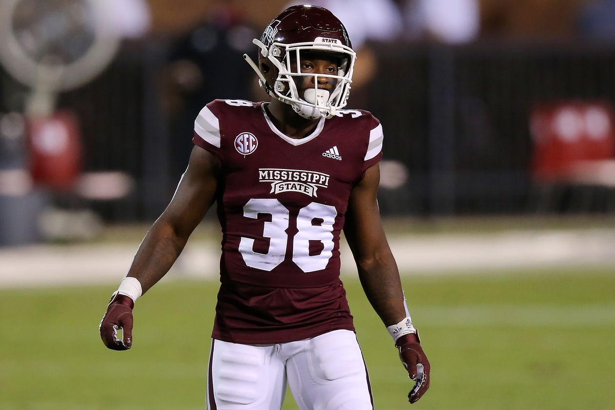 &nbsp;Fred Peters #38 of the Mississippi State Bulldogs in action against the Arkansas Razorbacks during a game at Davis Wade Stadium on October 03, 2020 in Starkville, Mississippi.