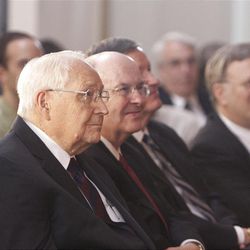 Elders L. Tom Perry and Quentin L. Cook, of the LDS Church Quorum of the Twelve, attend conference at BYU.