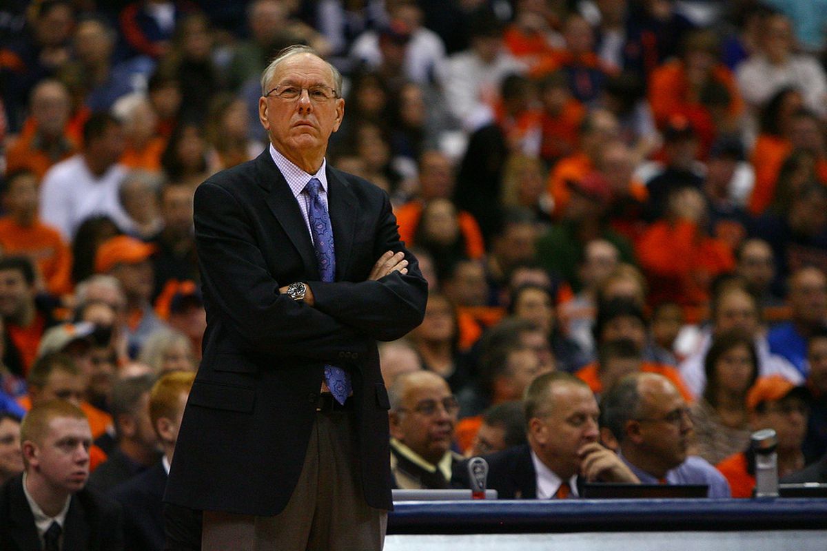 SYRACUSE, NY - NOVEMBER 19:  Head coach of the Syracuse Orange, Jim Boeheim looks on from the sideline during the game against the Colgate Raiders at the Carrier Dome on November 19, 2011 in Syracuse, New York.  (Photo by Nate Shron/Getty Images)