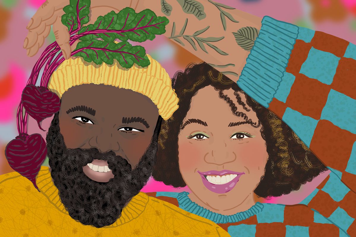 Omar Tate and Cybille St. Aude-Tate. He wears a bright yellow hat and she wears a checkered sweater. Illustration.