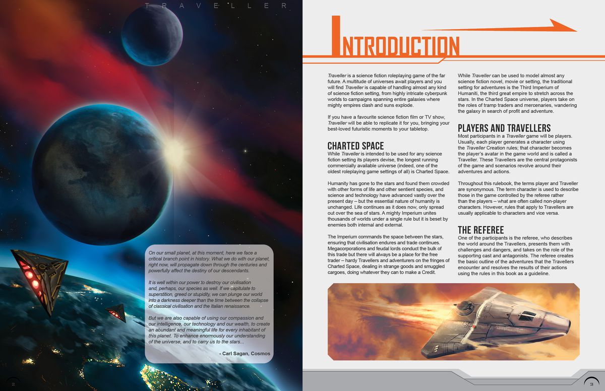 A two-page spread from the Traveller Core Rulebook 2022 Update. It shows a sunrise on a distant moon over a populated system. Two triangular starships race toward the terminator.