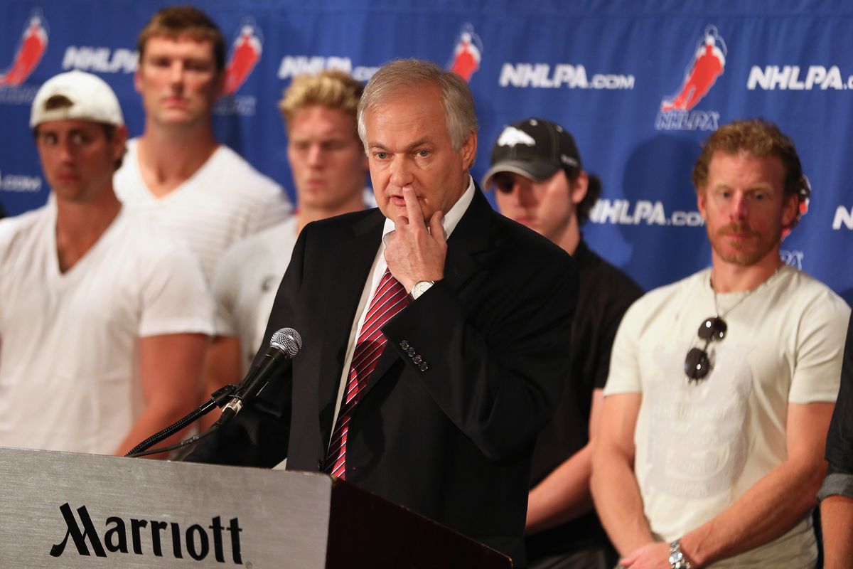 NEW YORK, NY - SEPTEMBER 13:  Don Fehr, executive director of the National Hockey League Players Association meets with the media at Marriott Marquis Times Square on September 13, 2012 in New York City.  (Photo by Bruce Bennett/Getty Images)