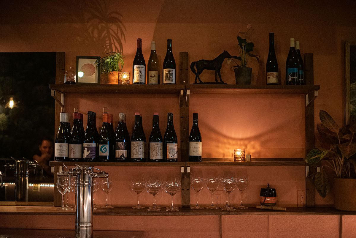 Wine bottles, glasses, and plants on a shelf at a dimly lit wine bar.