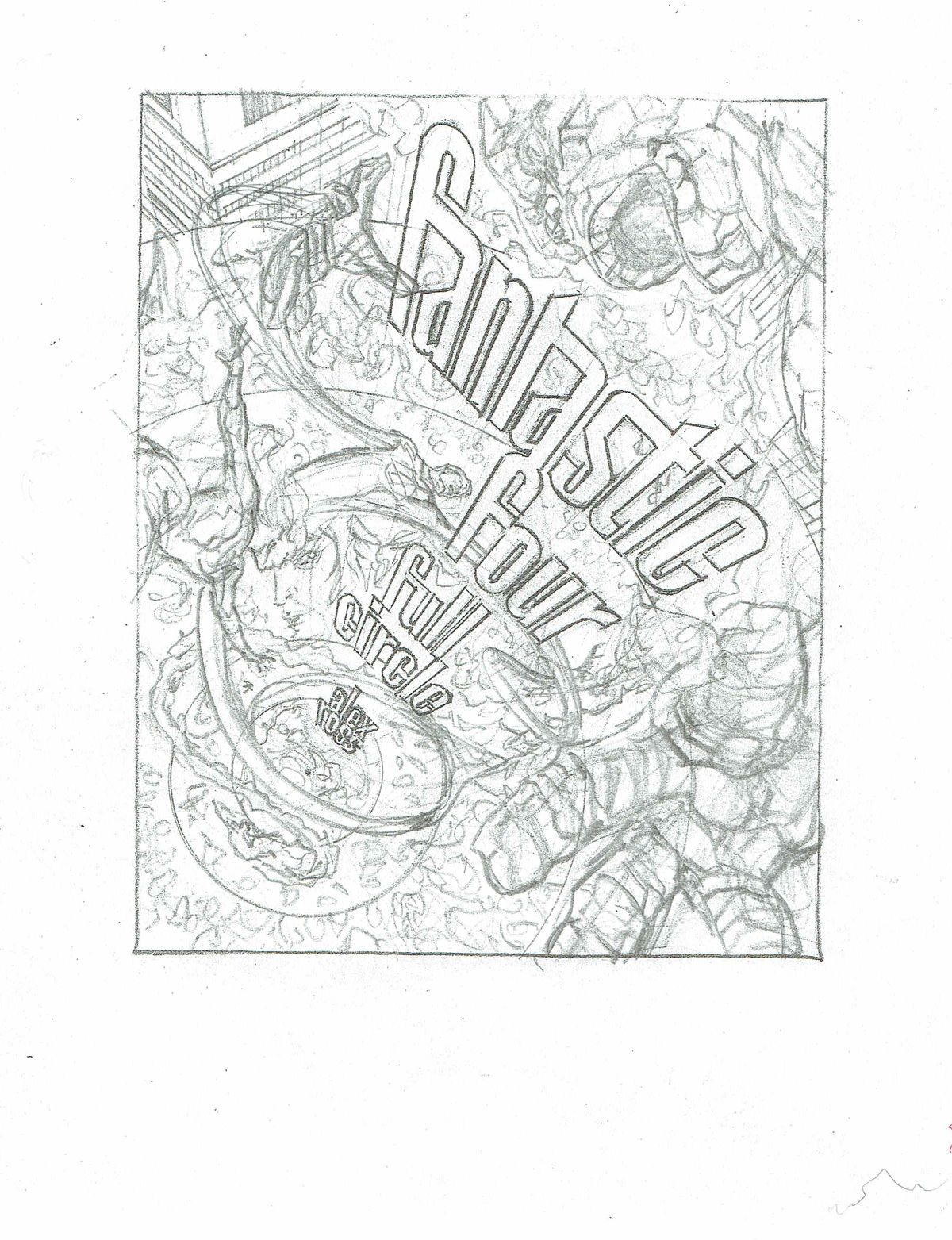 A preliminary sketch of the cover of Fantastic Four: Full Circle.