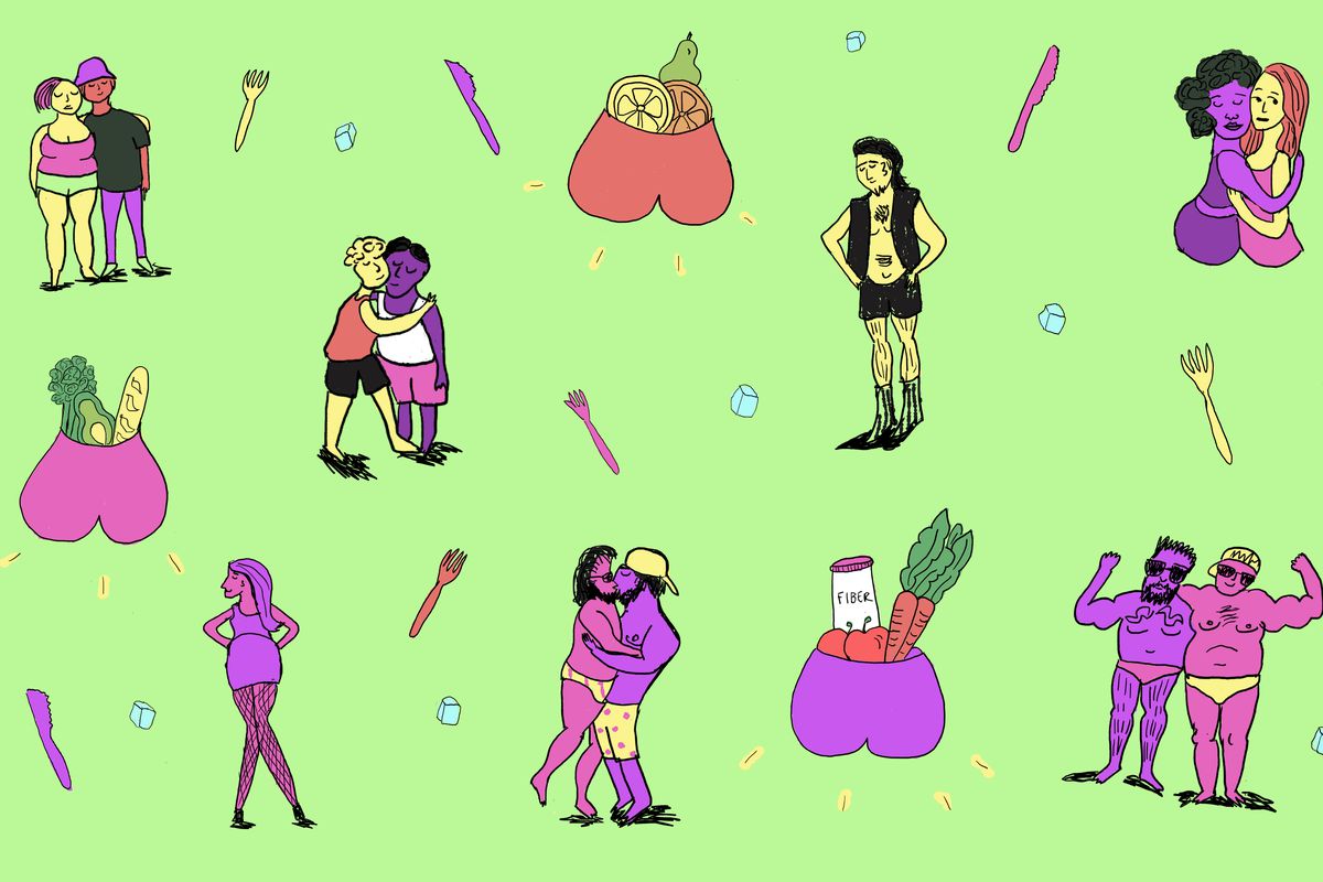 Illustration with several cartoon figures standing next to or hugging each other, as well as butt-shaped bags containing food products.