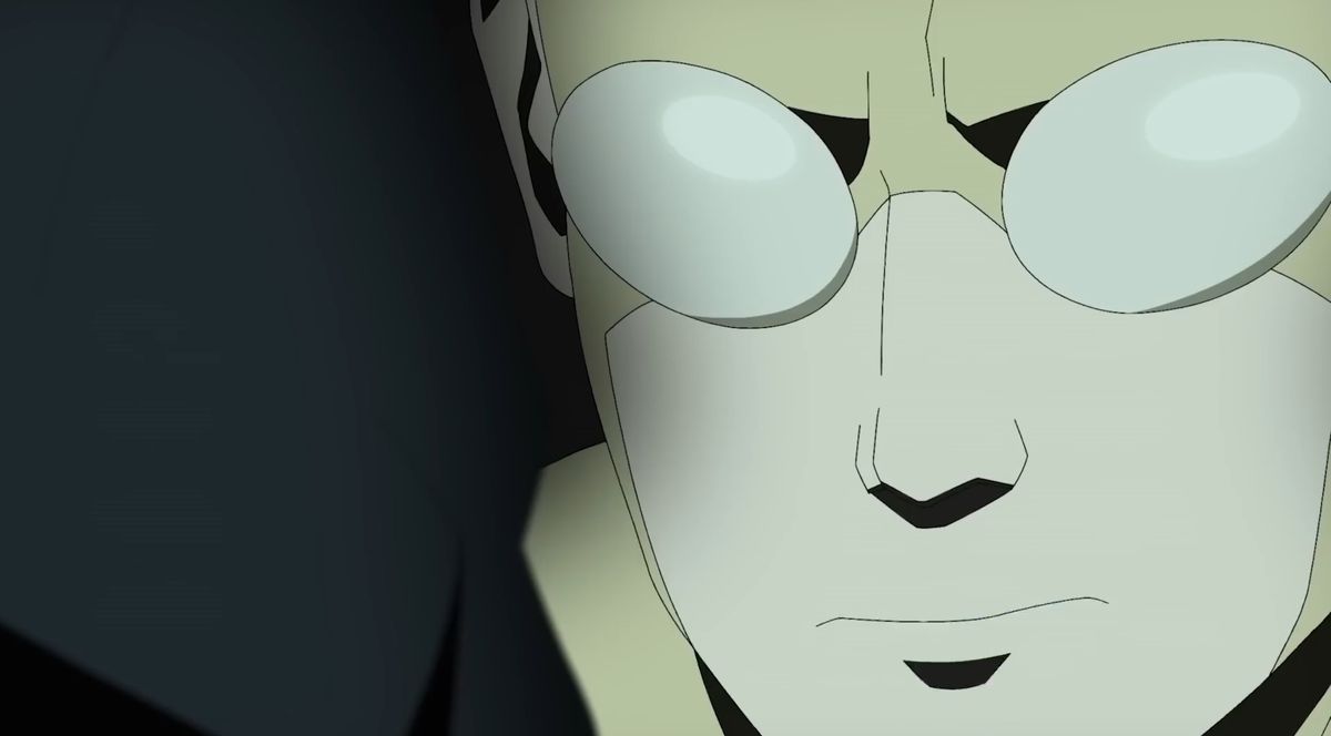 An extreme close-up of the masked face of the superhero Invincible in very dim grey light, from the teaser for season 2 of Prime Video’s animated series Invincible