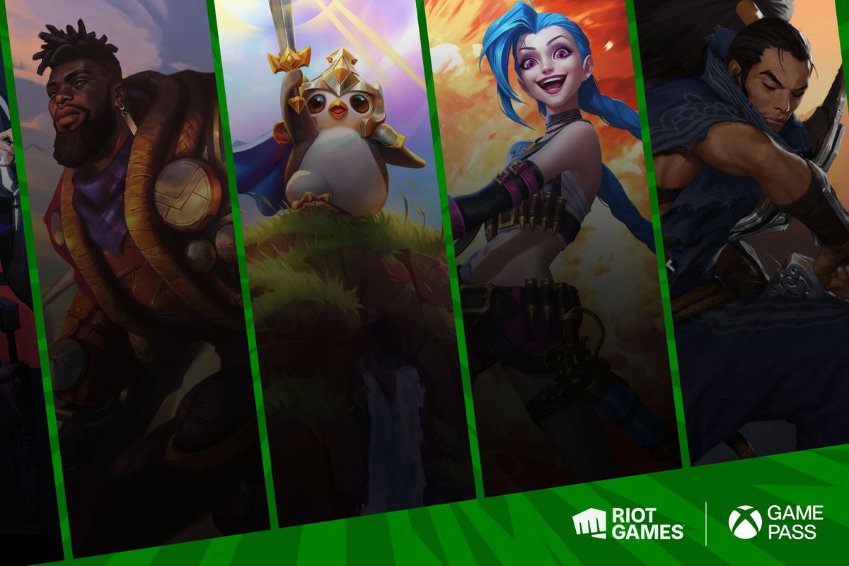 Several League of Legends, Valorant, and Wild Rift character stand next to each other in Xbox Game Pass promotion art