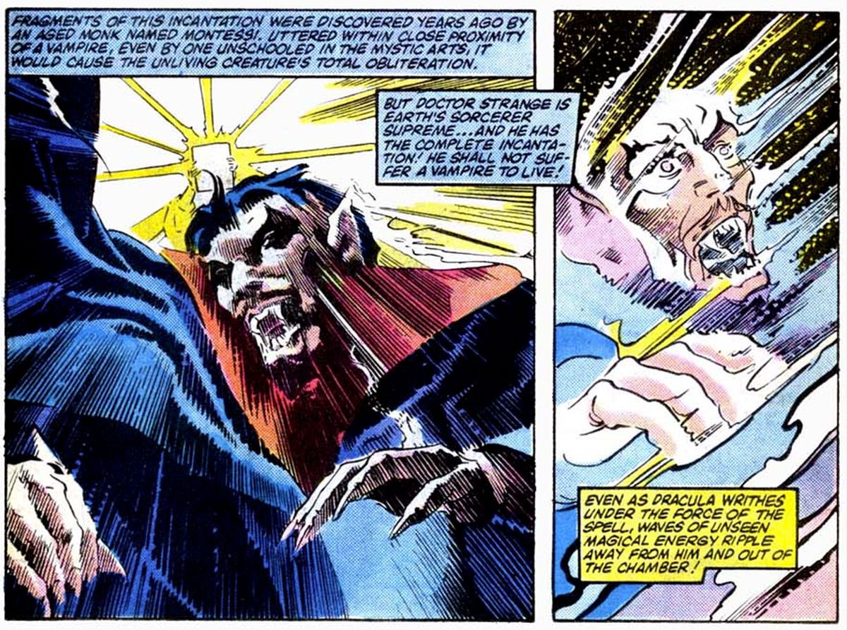 A series of comic panels shows Dracula getting eliminated via the Montesi Formula spell.