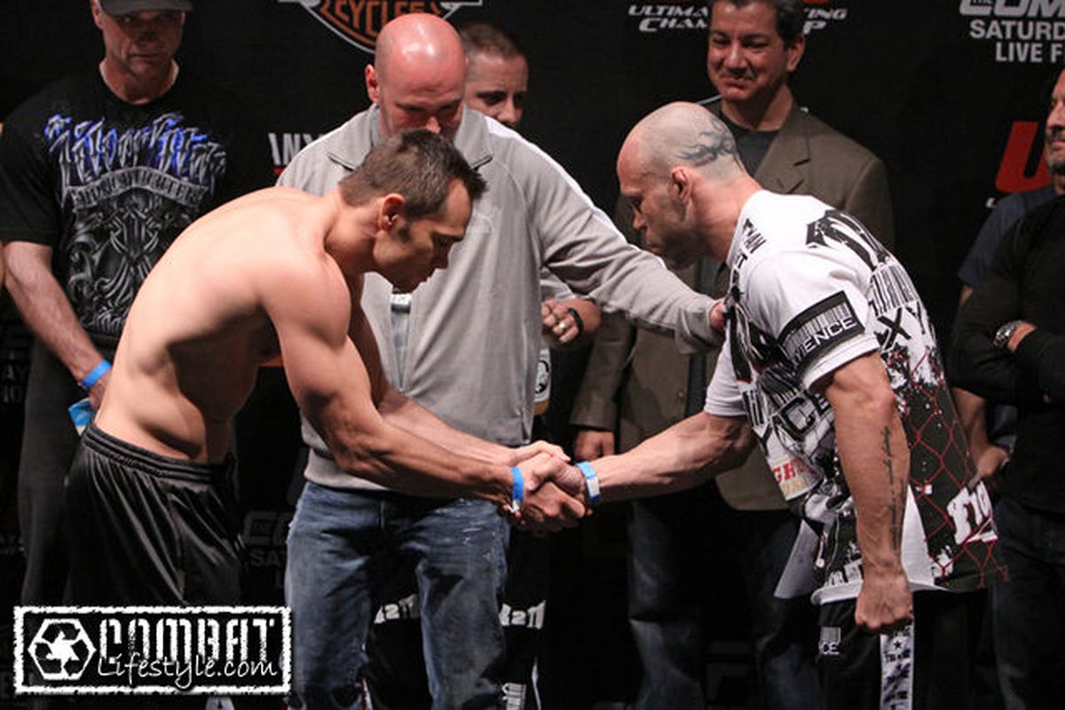 Photo of Rich Franklin (left) and Wanderlei Silva by Tracy Lee via <a href="http://www.combatlifestyle.com/pics/albums/061209ufcweighins/1114.jpg">Combat Lifestyle</a>.