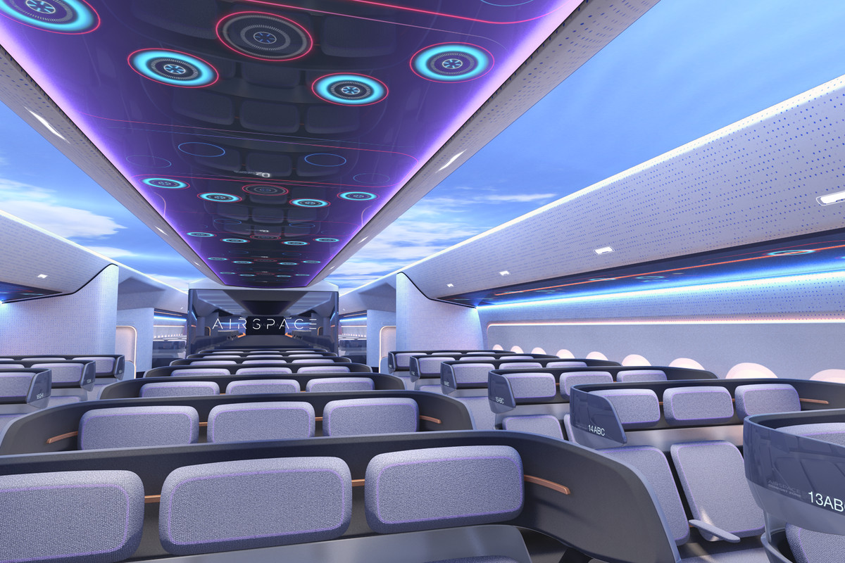 An artists’s rendering of the interior seating and lighting of the new Airbus airplane.
