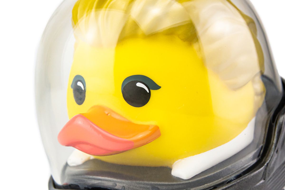 Close up of a rubber duck toy made to look like the Fallout Nuka-Cola Pinup Girl